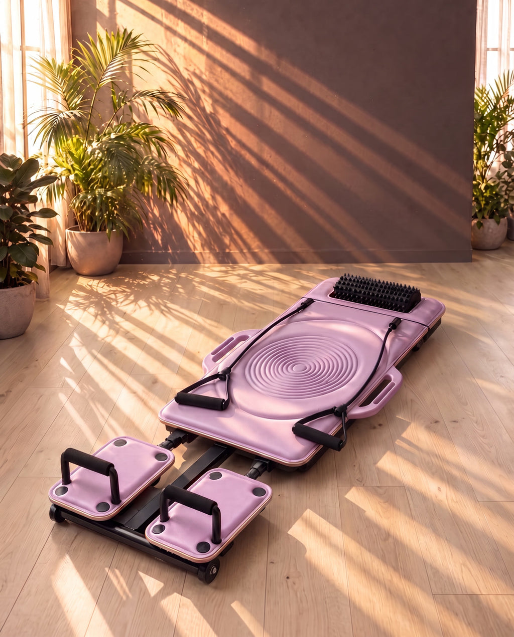 Reformer DROP-IN lila abierto sobre un suelo de roble claro
