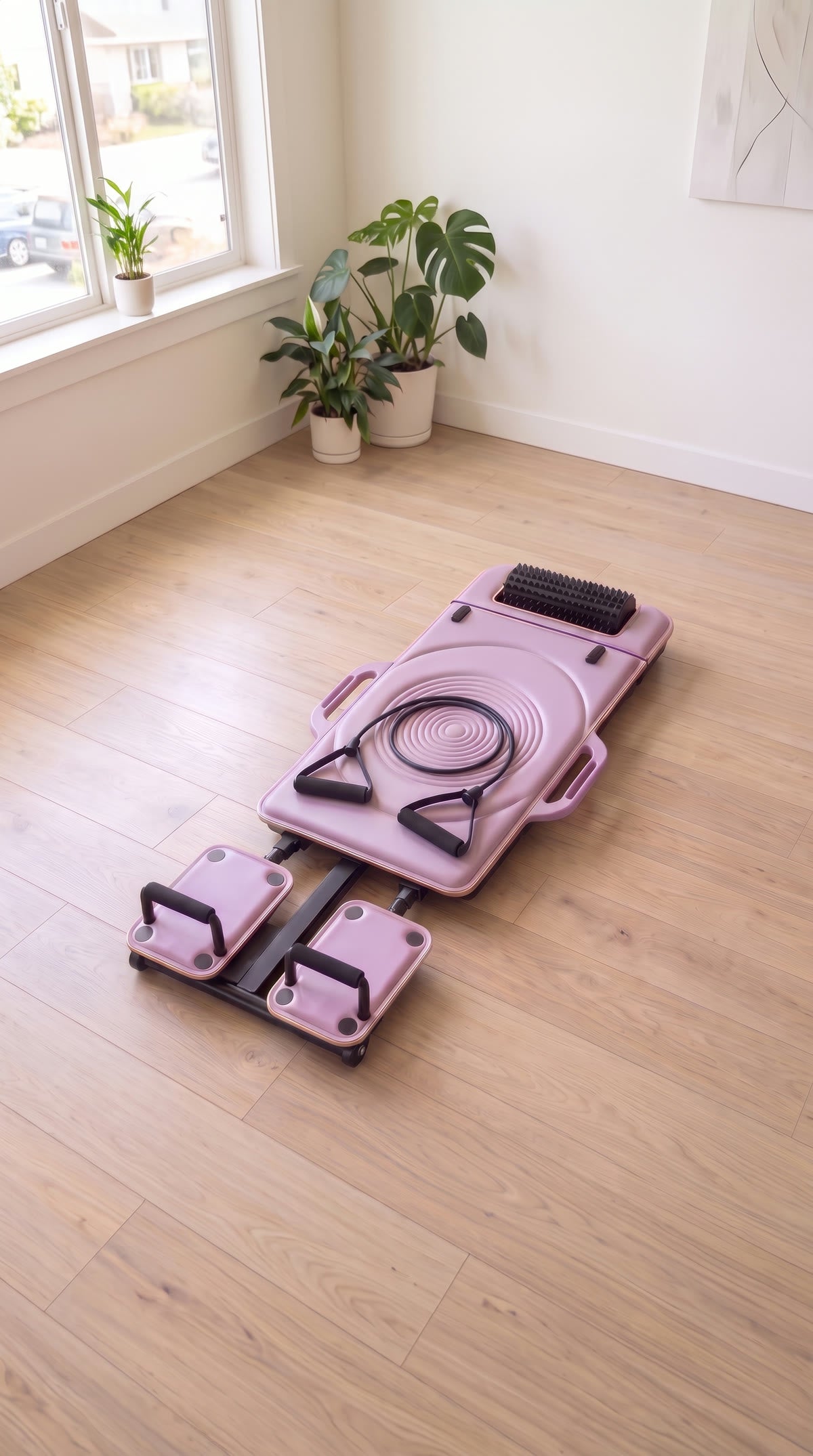 The lilac DROP-IN reformer open on a light oak floor, with its resistance cords coiled on the board.